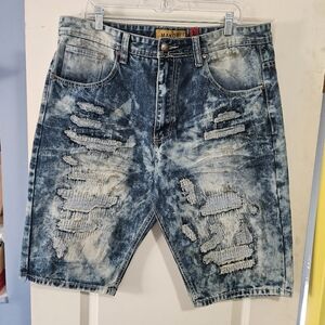Makobi Mens Shorts Size 38 Blue Acid Washed Distressed Denim 5 Pocket Casual